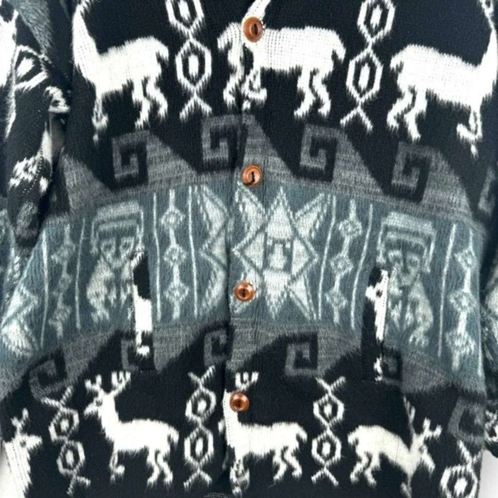 100% Wool Cardigan Sweater Size Large Hooded Aztec Moose Chunky Made in Ecquador